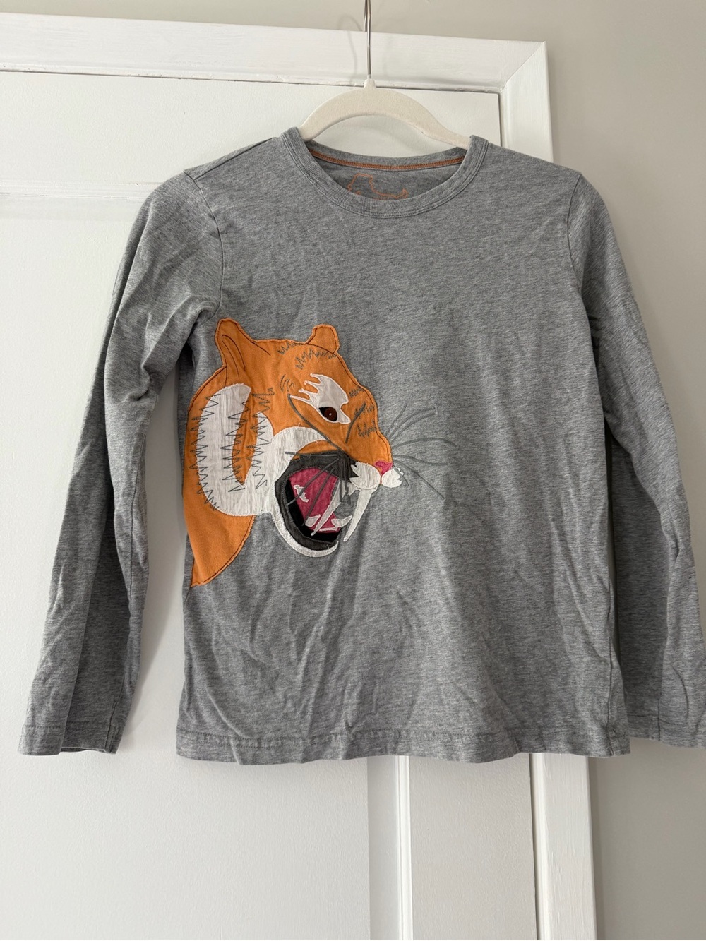 Mini Boden Gray Long-Sleeve Kids Tee with Orange Tiger Applique